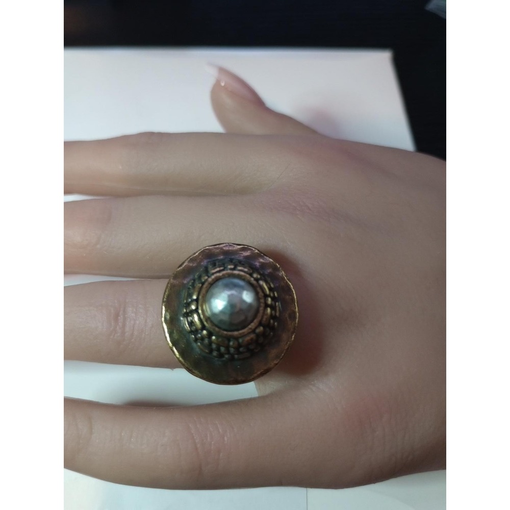 Vintage Style Gold Tone Statement Ring Silver Dome Boho Tribal Size 6.75